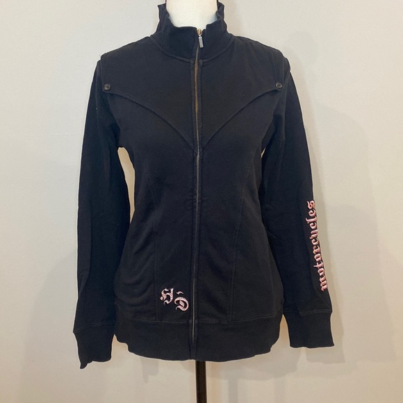 Harley-Davidson Tops - Womens Harley Davidson black full zip sweatshirt pink satin trim jeweled biker